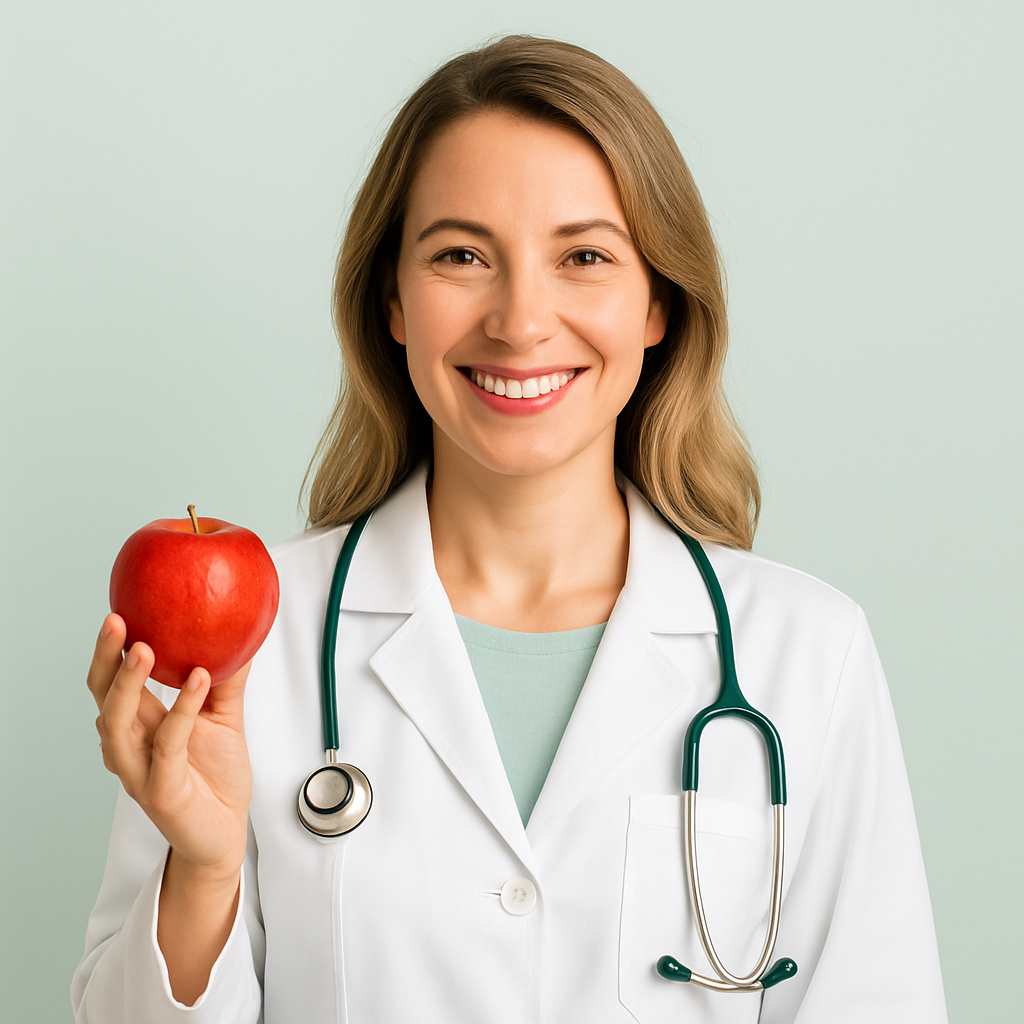 Nutricionista sorridente com frutas, simbolizando saúde e sucesso profissional